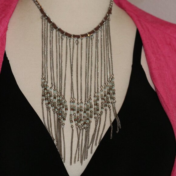 Fringe Bib Silver Toned Necklace - Picture 1 of 7